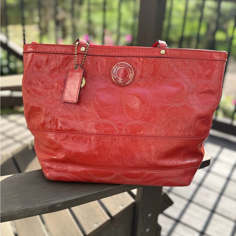 Coach Tangerine Orange Patent Leather Tote with Gold Signature Emblem